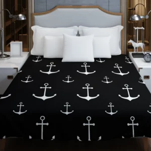 White Marine Anchor On Black Duvet Cover