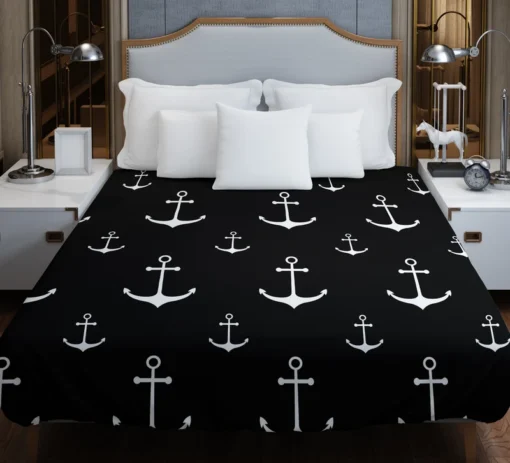 White Marine Anchor On Black Duvet Cover