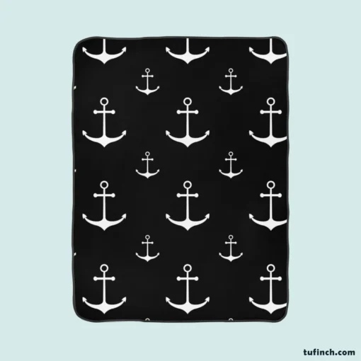 White Marine Anchor On Black Fleece Blanket 1