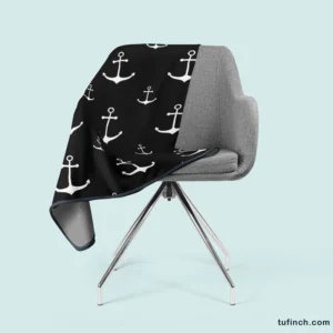 White Marine Anchor On Black Fleece Blanket 2