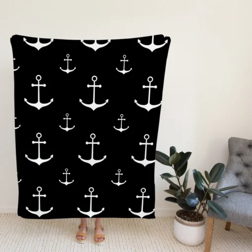 White Marine Anchor On Black Fleece Blanket