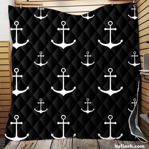 White Marine Anchor On Black Quilt Blanket