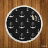 White Marine Anchor On Black Round Beach Towel