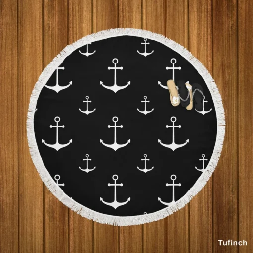 White Marine Anchor On Black Round Beach Towel