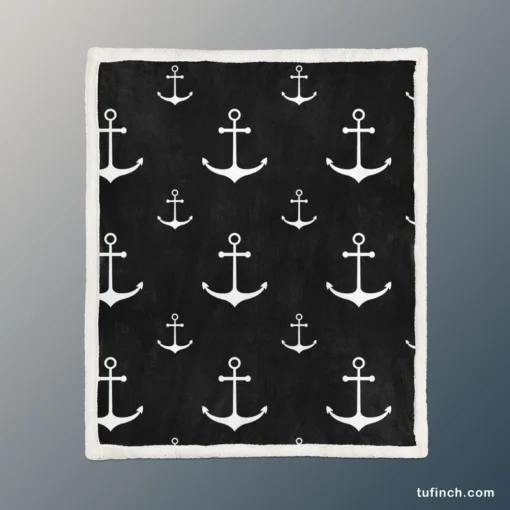 White Marine Anchor On Black Sherpa Fleece Blanket 1