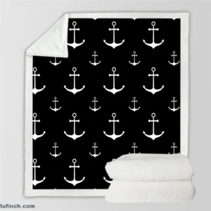 White Marine Anchor On Black Sherpa Fleece Blanket