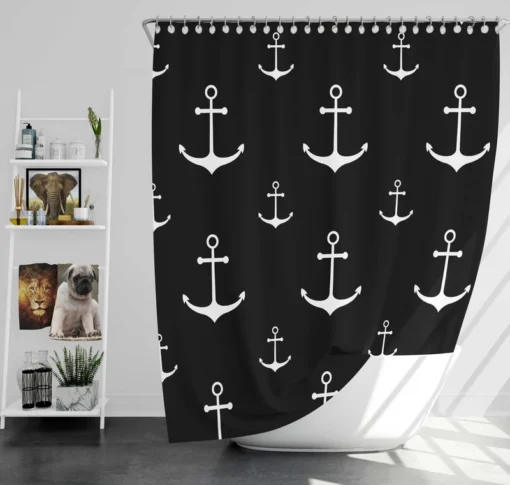 White Marine Anchor On Black Shower Curtain