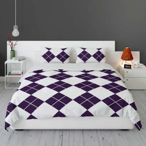 White Midnight Blue Diagonal Square Pattern Bedding Set 1