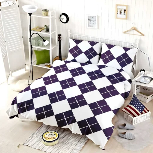 White Midnight Blue Diagonal Square Pattern Bedding Set