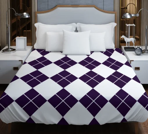 White Midnight Blue Diagonal Square Pattern Duvet Cover