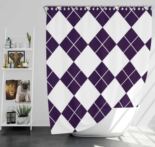 White Midnight Blue Diagonal Square Pattern Shower Curtain