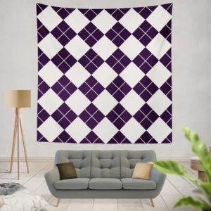 White Midnight Blue Diagonal Square Pattern Wall Tapestry