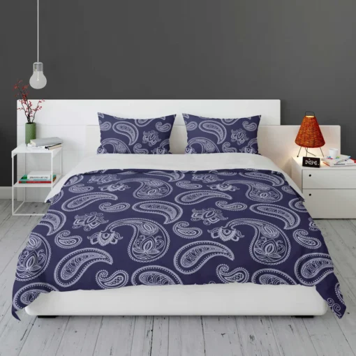 White Paisley Pattern On Blue Background Bedding Set 1