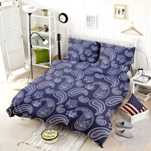 White Paisley Pattern On Blue Background Bedding Set