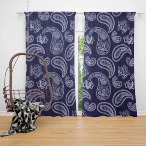 White Paisley Pattern On Blue Background Curtain