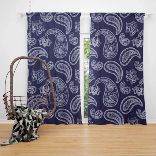 White Paisley Pattern On Blue Background Curtain