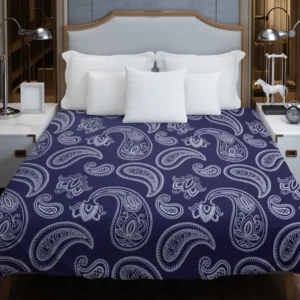 White Paisley Pattern On Blue Background Duvet Cover