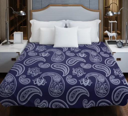 White Paisley Pattern On Blue Background Duvet Cover