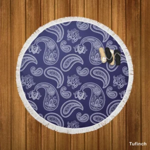 White Paisley Pattern On Blue Background Round Beach Towel