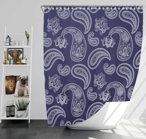 White Paisley Pattern On Blue Background Shower Curtain