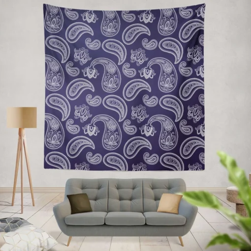 White Paisley Pattern On Blue Background Wall Tapestry