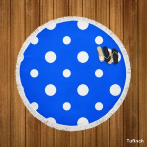 White Polka Dots On Blue Background Round Beach Towel