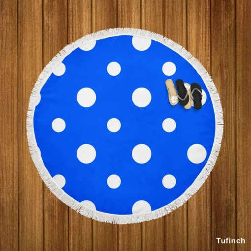 White Polka Dots On Blue Background Round Beach Towel