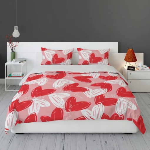 White Red With Love Hearts Design Bedding Set 1