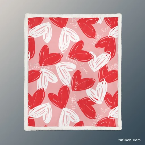 White Red With Love Hearts Design Sherpa Fleece Blanket 1