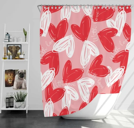 White Red With Love Hearts Design Shower Curtain