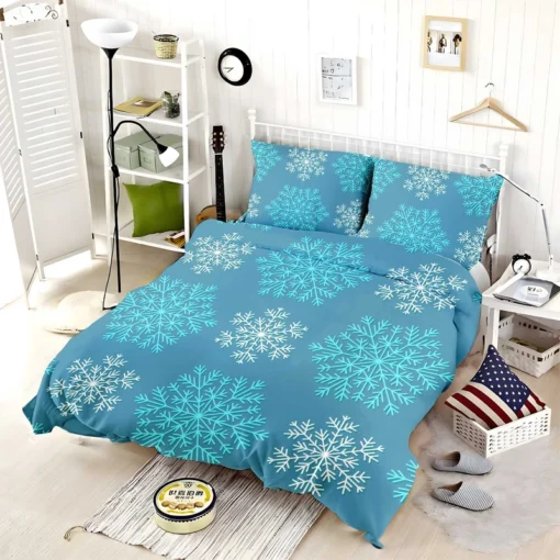 White Teal Blue Winter Snowflakes Bedding Set