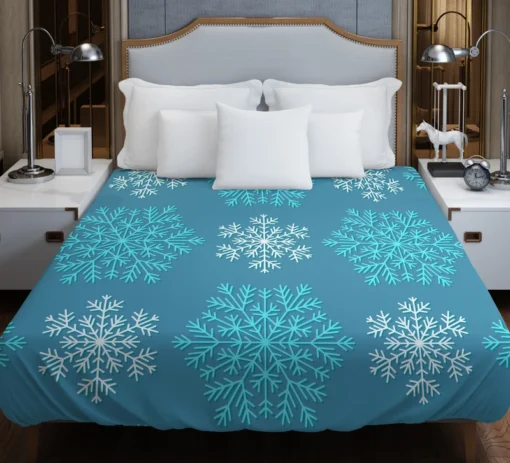 White Teal Blue Winter Snowflakes Duvet Cover