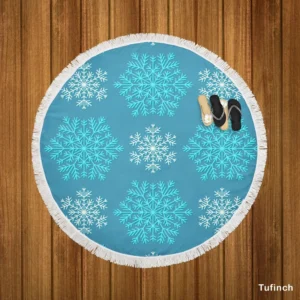 White Teal Blue Winter Snowflakes Round Beach Towel