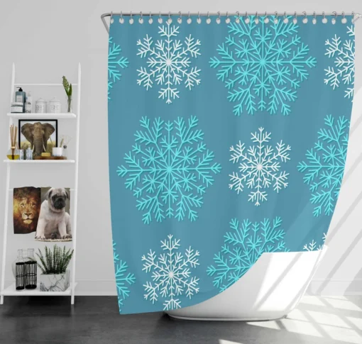 White Teal Blue Winter Snowflakes Shower Curtain