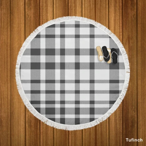 White Thunder Black Checkered Plaid Round Beach Towel