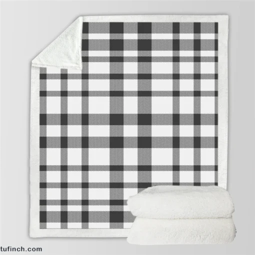 White Thunder Black Checkered Plaid Sherpa Fleece Blanket