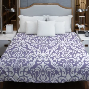 White Vintage Damask In Lavender Duvet Cover