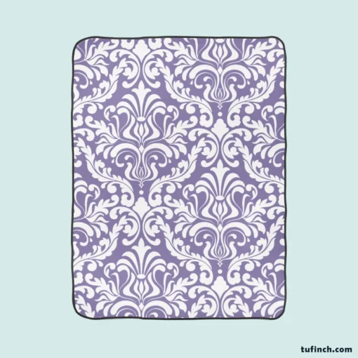 White Vintage Damask In Lavender Fleece Blanket 1