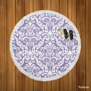 White Vintage Damask In Lavender Round Beach Towel