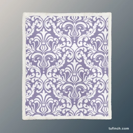 White Vintage Damask In Lavender Sherpa Fleece Blanket 1