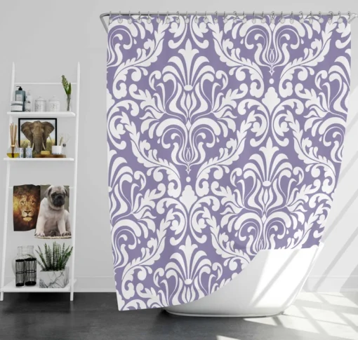 White Vintage Damask In Lavender Shower Curtain