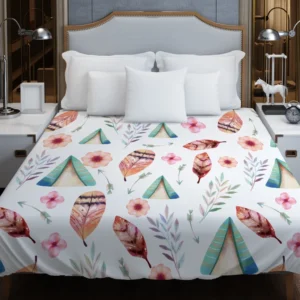 Wigwam Hut With Pink Feathers Duvet Cover