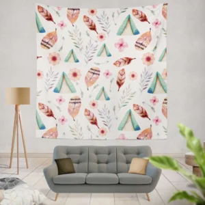 Wigwam Hut With Pink Feathers Wall Tapestry