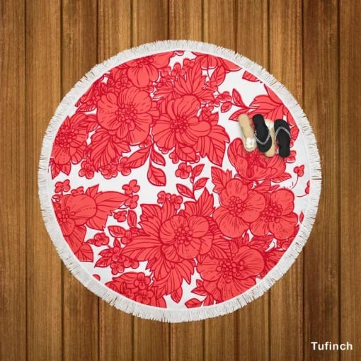 Wild Scarlet Flowers Pattern Round Beach Towel