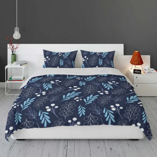 Winter Leaves Berries In Blue Bedding Set 1