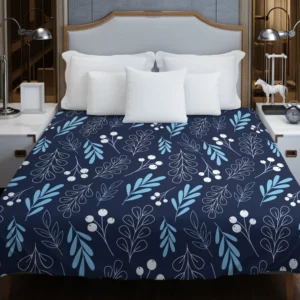 Winter Leaves Berries In Blue Duvet Cover