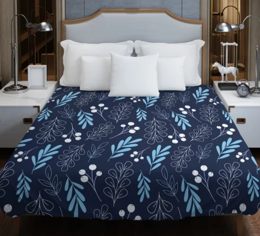 Winter Leaves Berries In Blue Duvet Cover