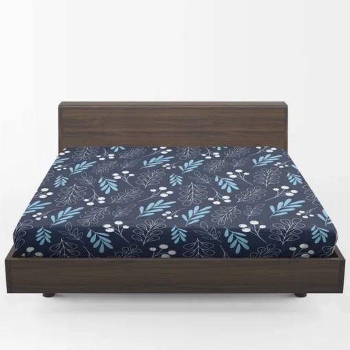 Winter Leaves Berries In Blue Fitted Sheet 1