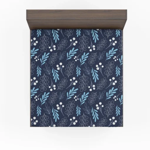 Winter Leaves Berries In Blue Fitted Sheet