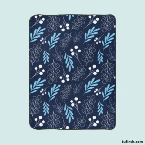 Winter Leaves Berries In Blue Fleece Blanket 1